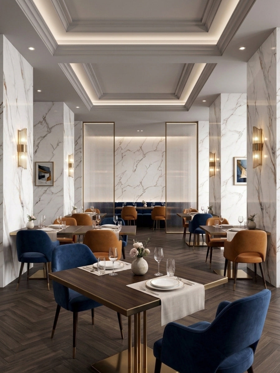 Elegant restaurant interior with White Wave Azure PVC marble sheets covering walls and columns
