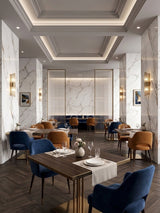 Elegant restaurant interior with White Wave Azure PVC marble sheets covering walls and columns