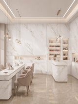 Modern nail salon with White Wave Azure PVC marble sheet walls and counters featuring gray and gold veining