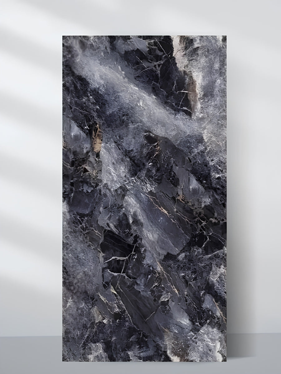 Freestanding 4 x 8 ft 3D Zena black marble PVC wall panel with gray, white, and gold veining