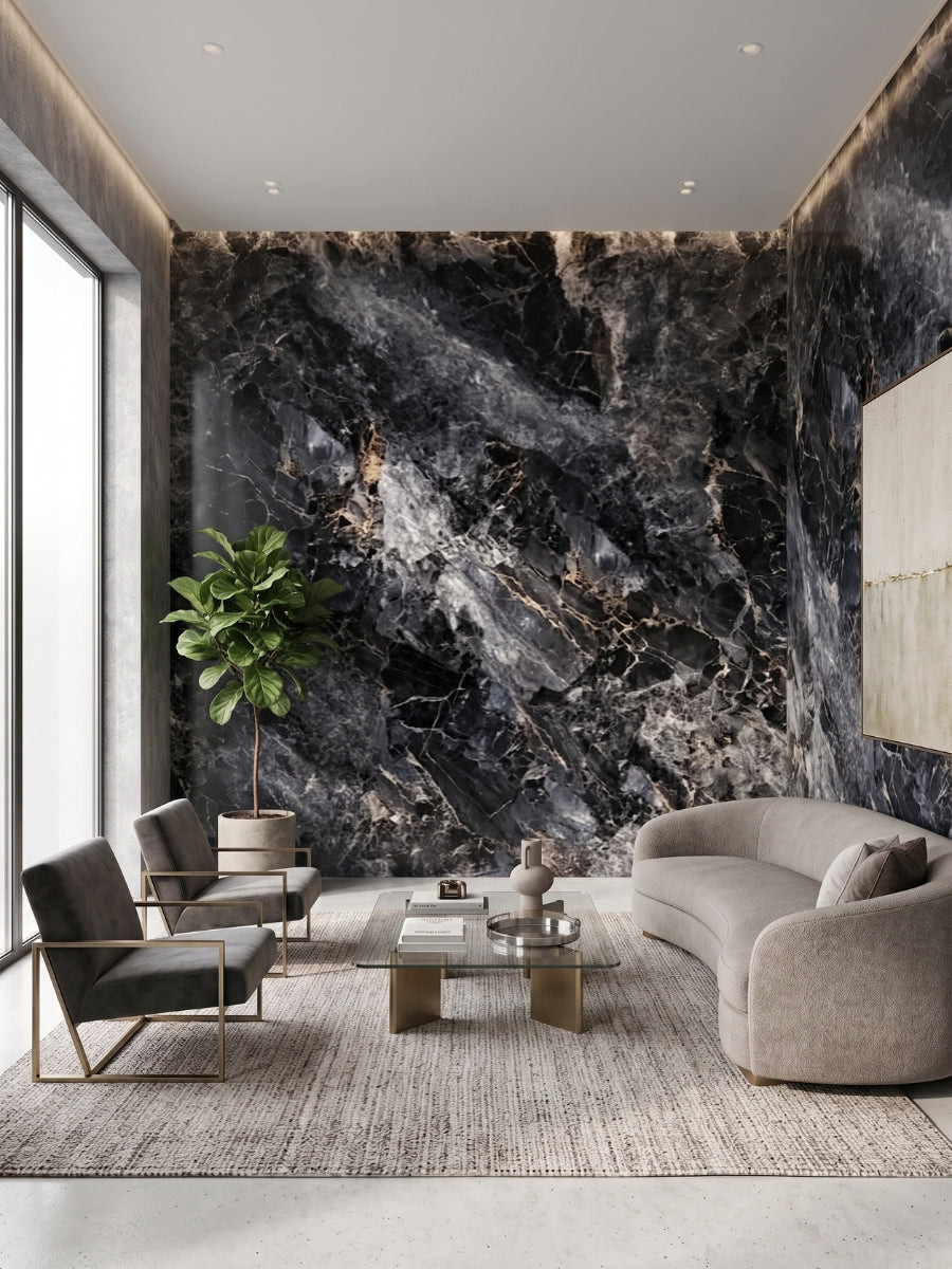 3D Zena black marble PVC panels installed on living room walls behind a curved sofa and chairs