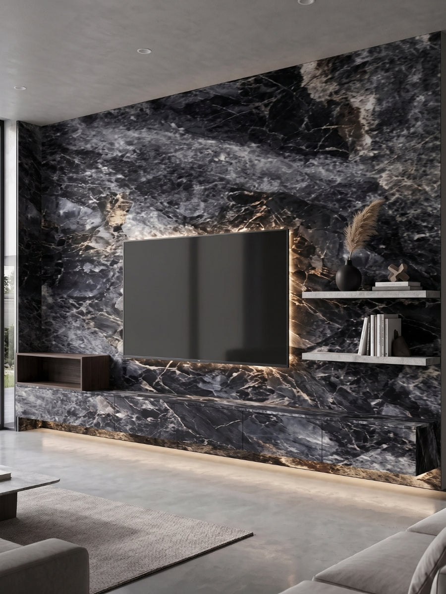TV feature wall clad in 3D Zena black marble PVC panels with floating shelves and concealed lighting