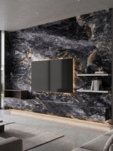 TV feature wall clad in 3D Zena black marble PVC panels with floating shelves and concealed lighting