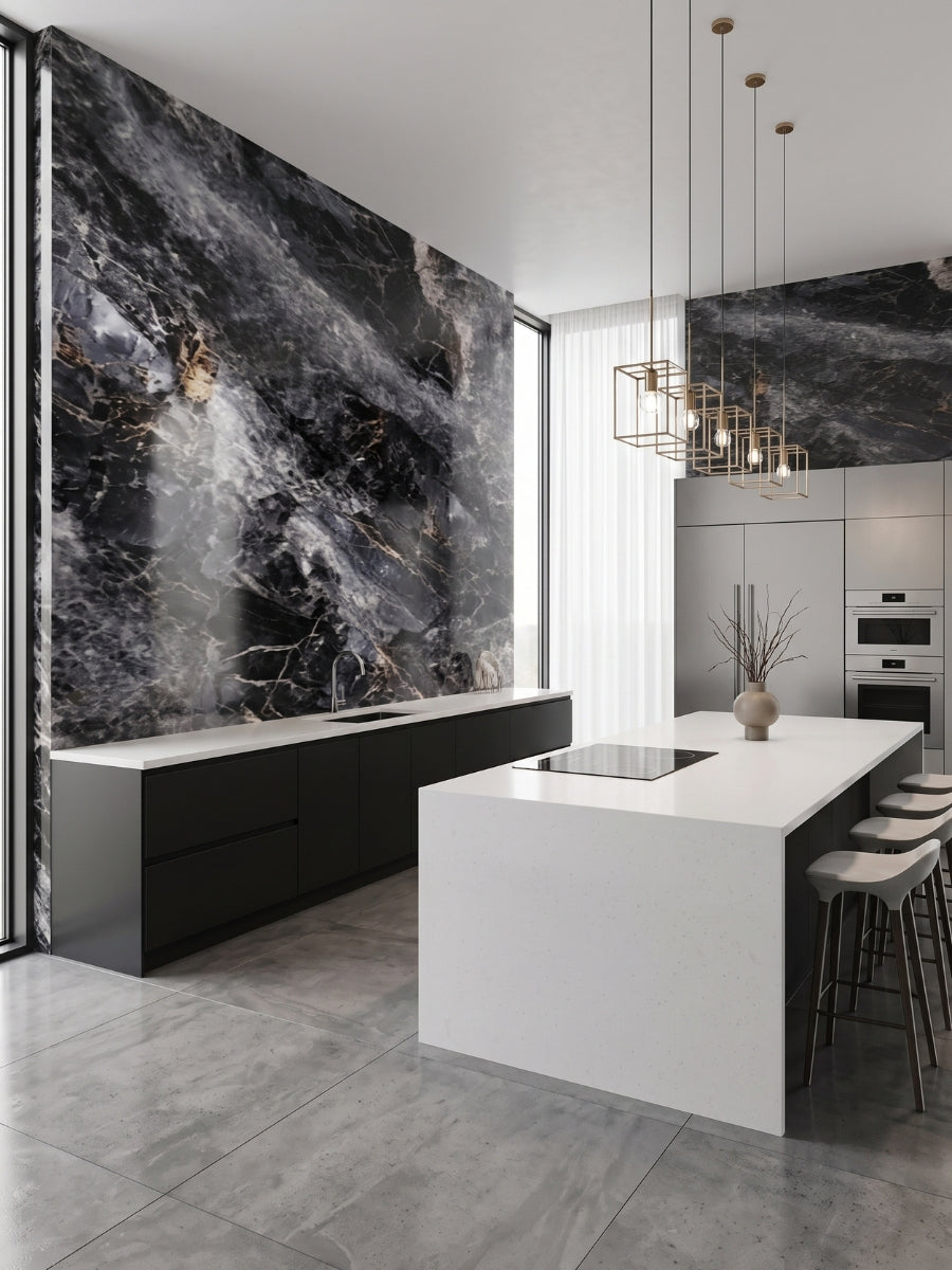 Modern kitchen with 3D Zena black marble PVC wall panels, white island, and black cabinetry