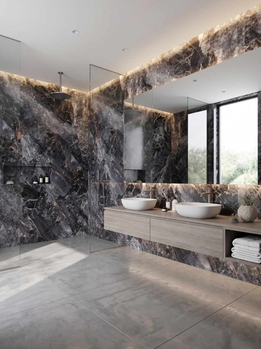 Bathroom walls clad in 3D Zena black marble PVC panels around a glass shower and double vanity