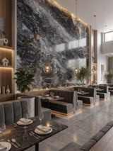 Tall restaurant feature wall finished with 3D Zena black marble PVC panels behind upholstered dining booths