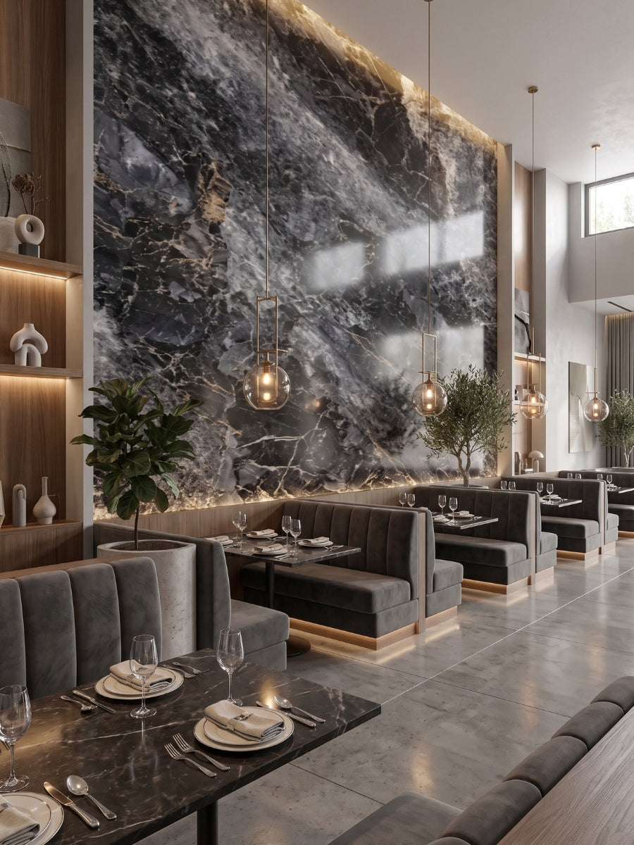 Tall restaurant feature wall finished with 3D Zena black marble PVC panels behind upholstered dining booths