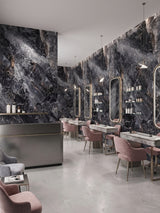 Salon interior with 3D Zena black marble PVC wall panels behind illuminated mirrors and styling stations