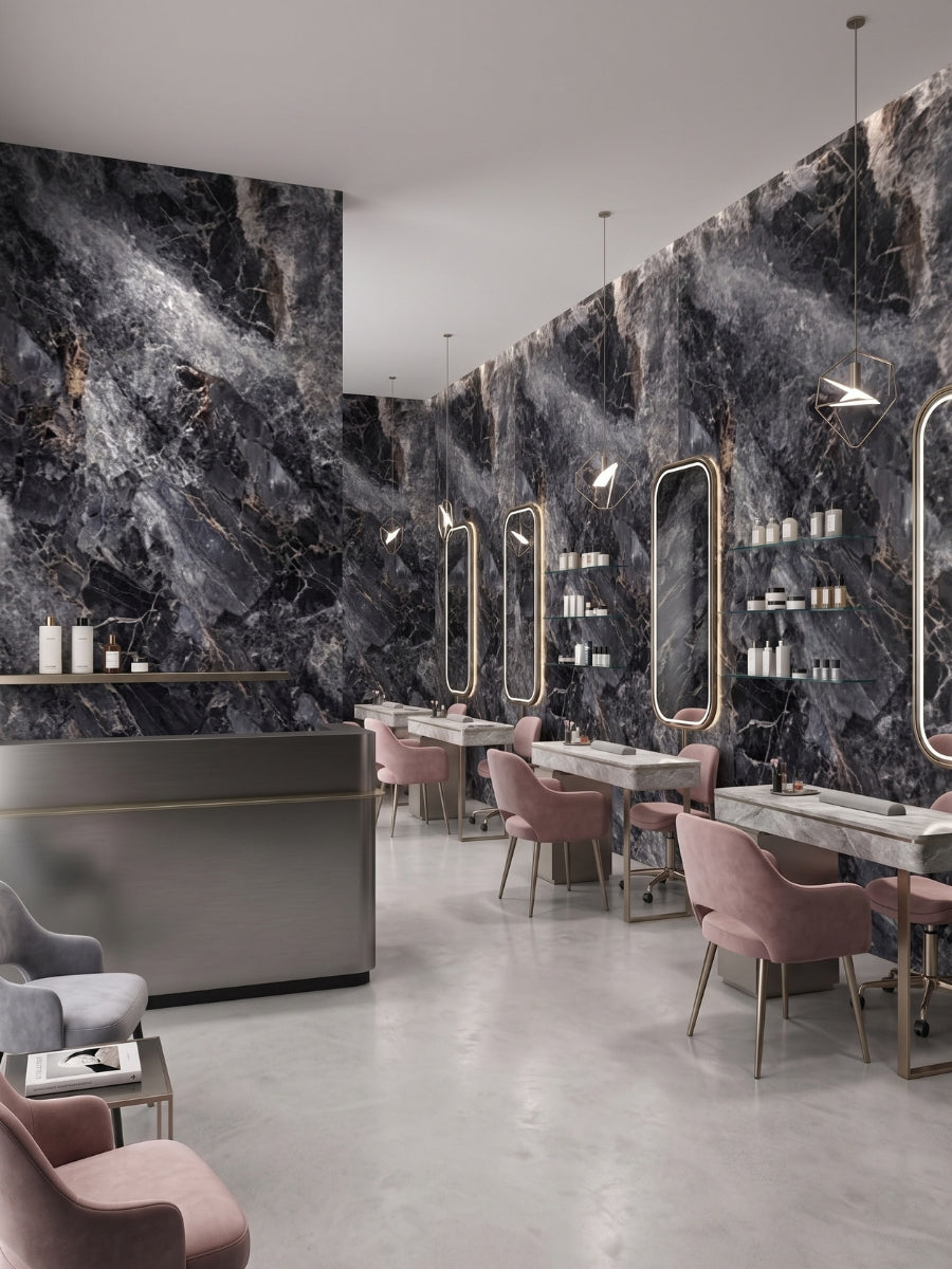 Salon interior with 3D Zena black marble PVC wall panels behind illuminated mirrors and styling stations