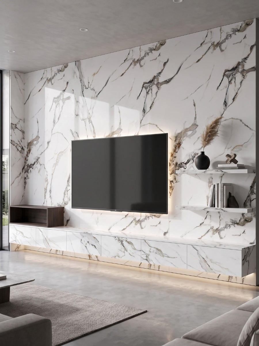 Beige Ibiza marble PVC wall panels installed on a modern TV wall with a floating console and shelves