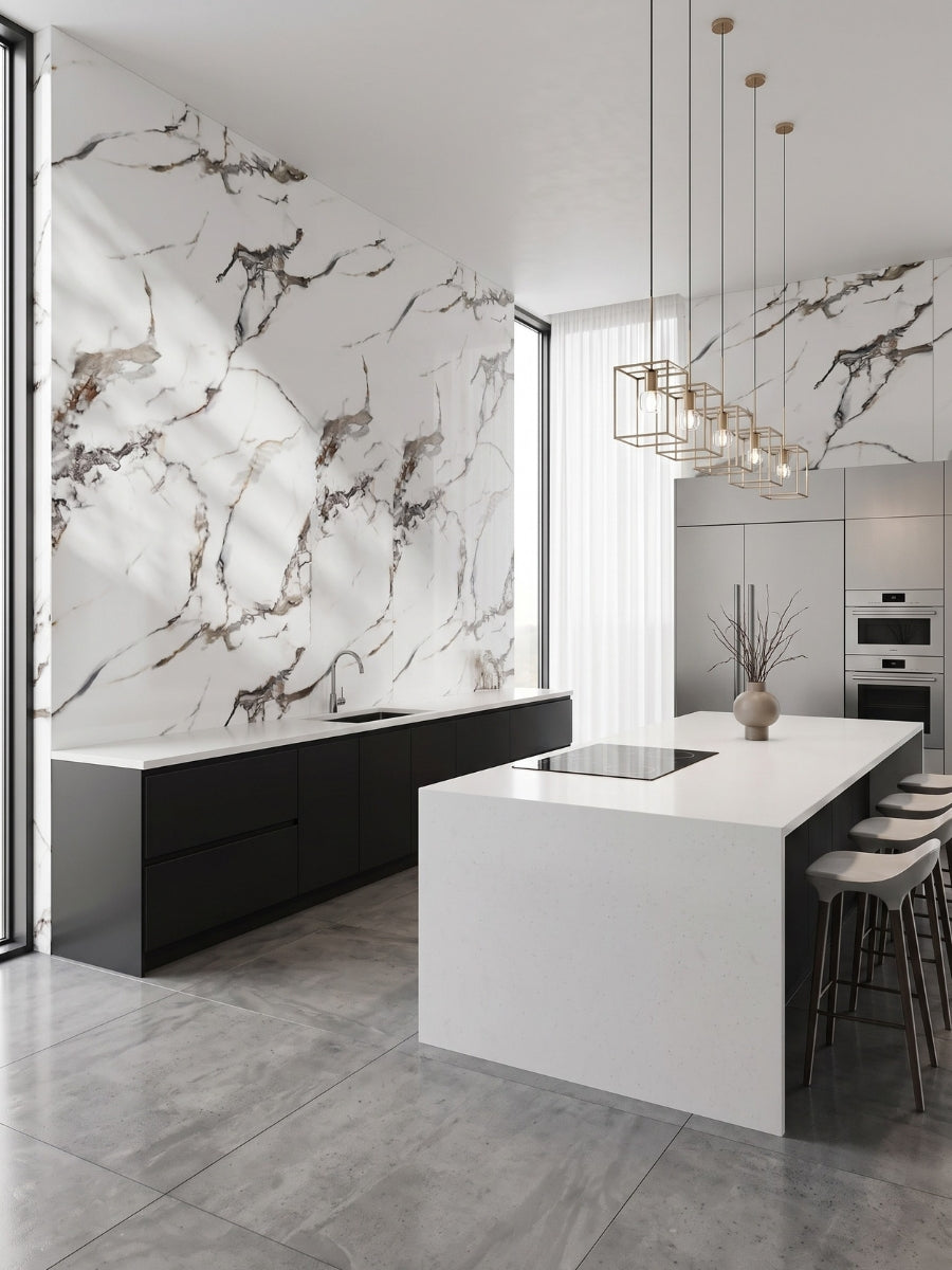 Modern kitchen with Beige Ibiza marble PVC wall panels behind black cabinets and a white island