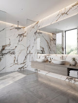 Modern bathroom with Beige Ibiza marble PVC wall panels around a glass shower and double vanity
