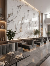 Contemporary restaurant with an illuminated Beige Ibiza marble PVC panel feature wall behind booth seating