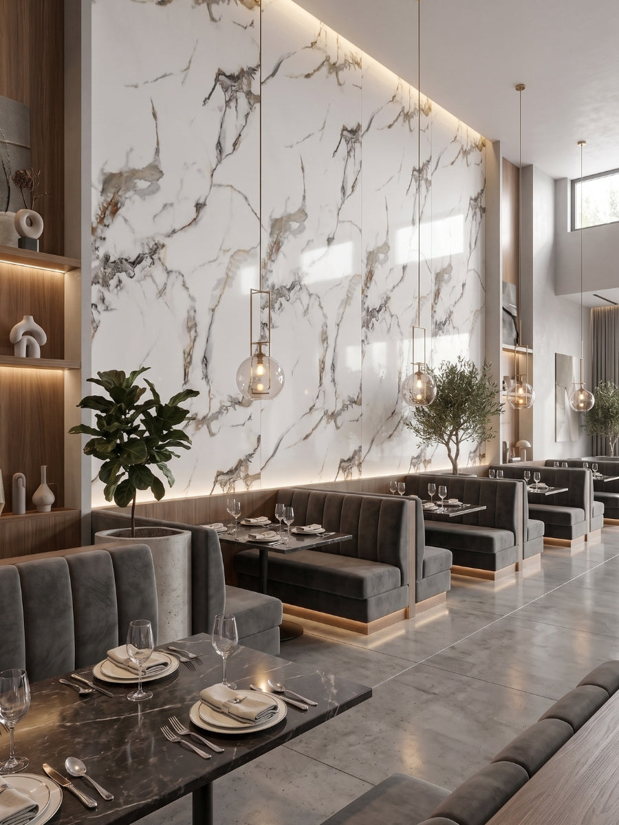 Contemporary restaurant with an illuminated Beige Ibiza marble PVC panel feature wall behind booth seating