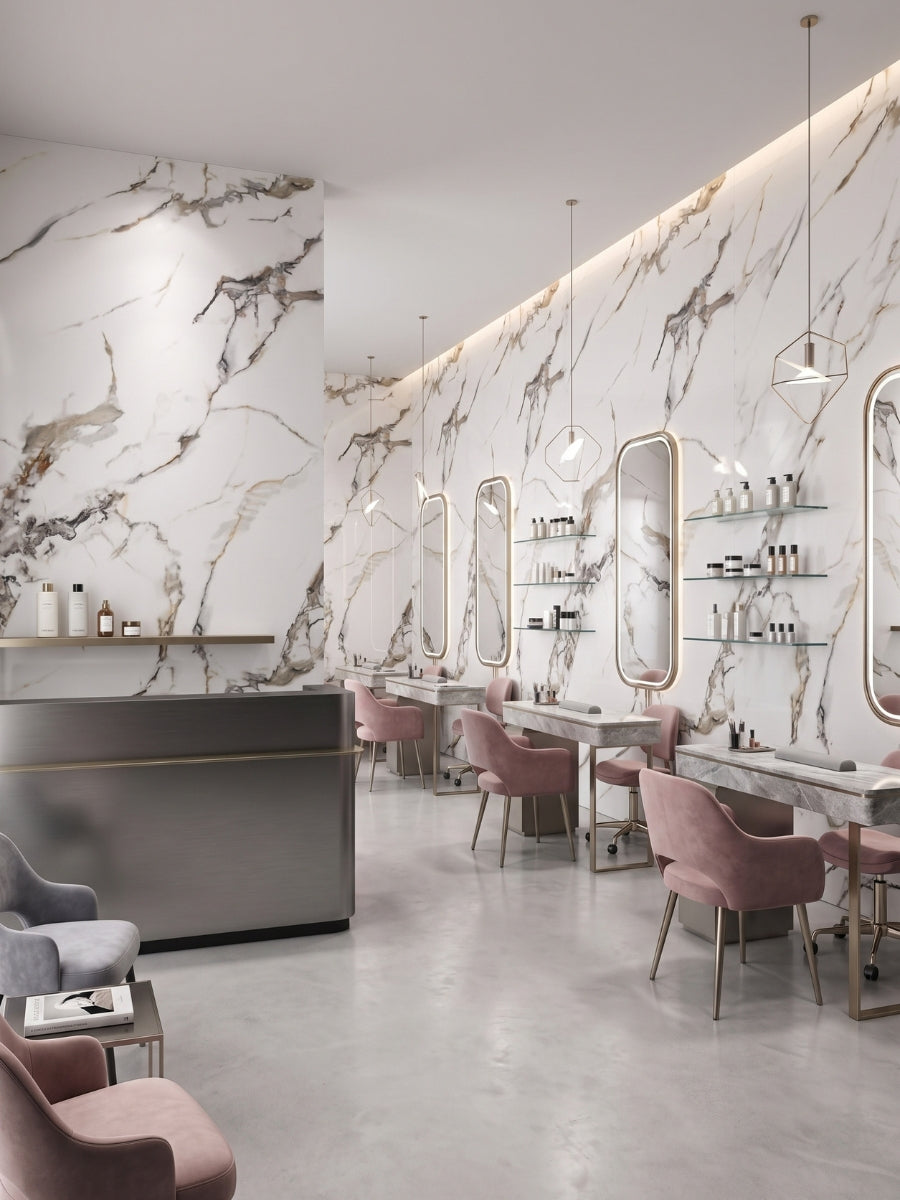 Contemporary salon with Beige Ibiza marble PVC wall panels behind mirrors and pink styling chairs