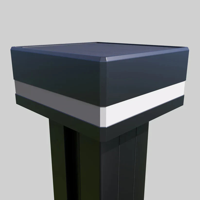 Close-up of a dark LED cap fitted to a composite fence post