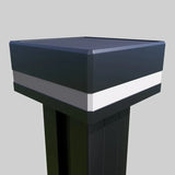 Close-up of a dark LED cap fitted to a composite fence post