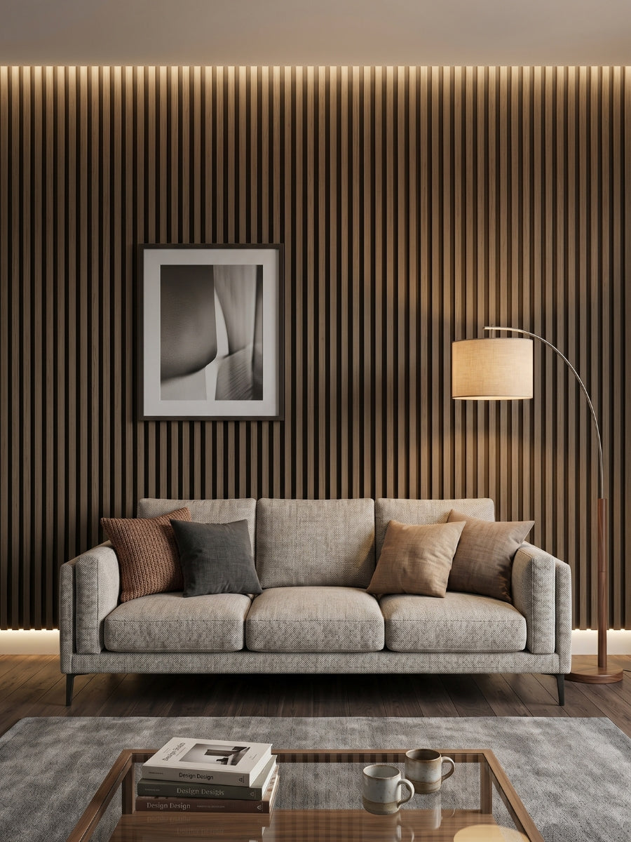 Royal Oak WPC fluted 3D wall panels installed behind a gray sofa in a modern living room