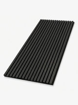 Black wood slat acoustic panel sample with a uniform matte appearance