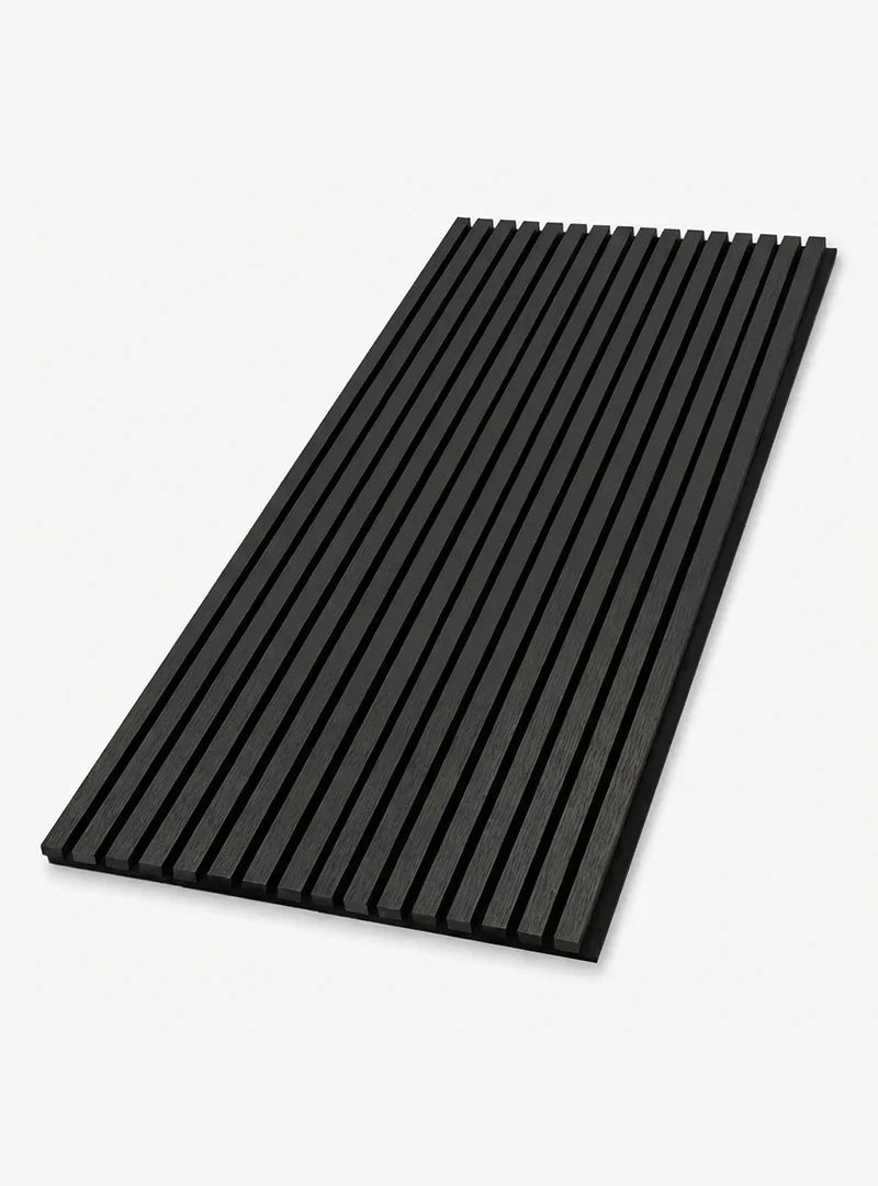Black wood slat acoustic panel sample with a uniform matte appearance