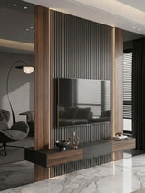 Gray mirror wood veneer panels framing a black fluted TV feature wall with walnut accents