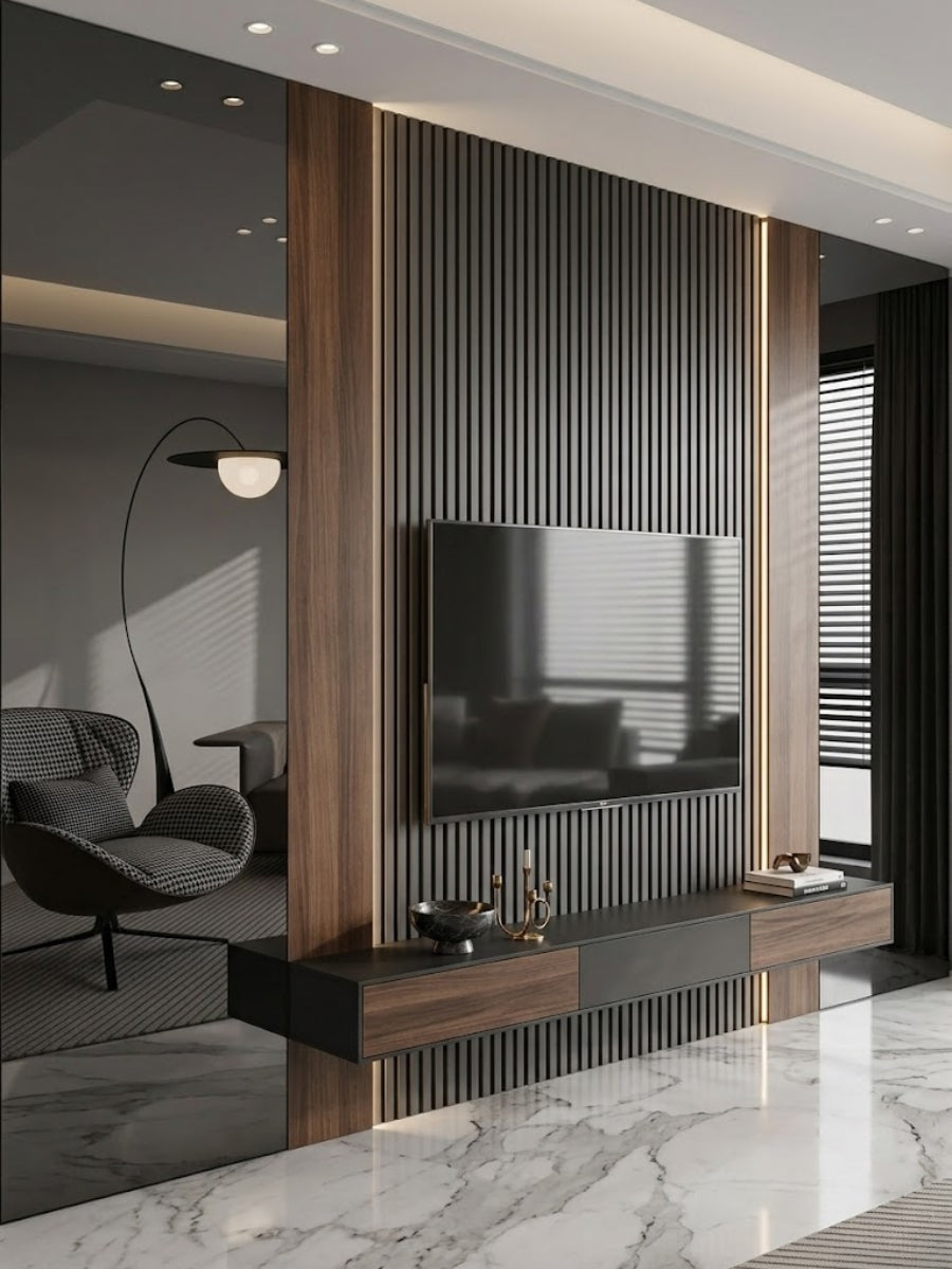 Black Mirror wood veneer panel wall beside a fluted TV feature panel and floating wood console