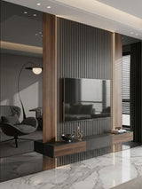Black Mirror wood veneer panel wall beside a fluted TV feature panel and floating wood console