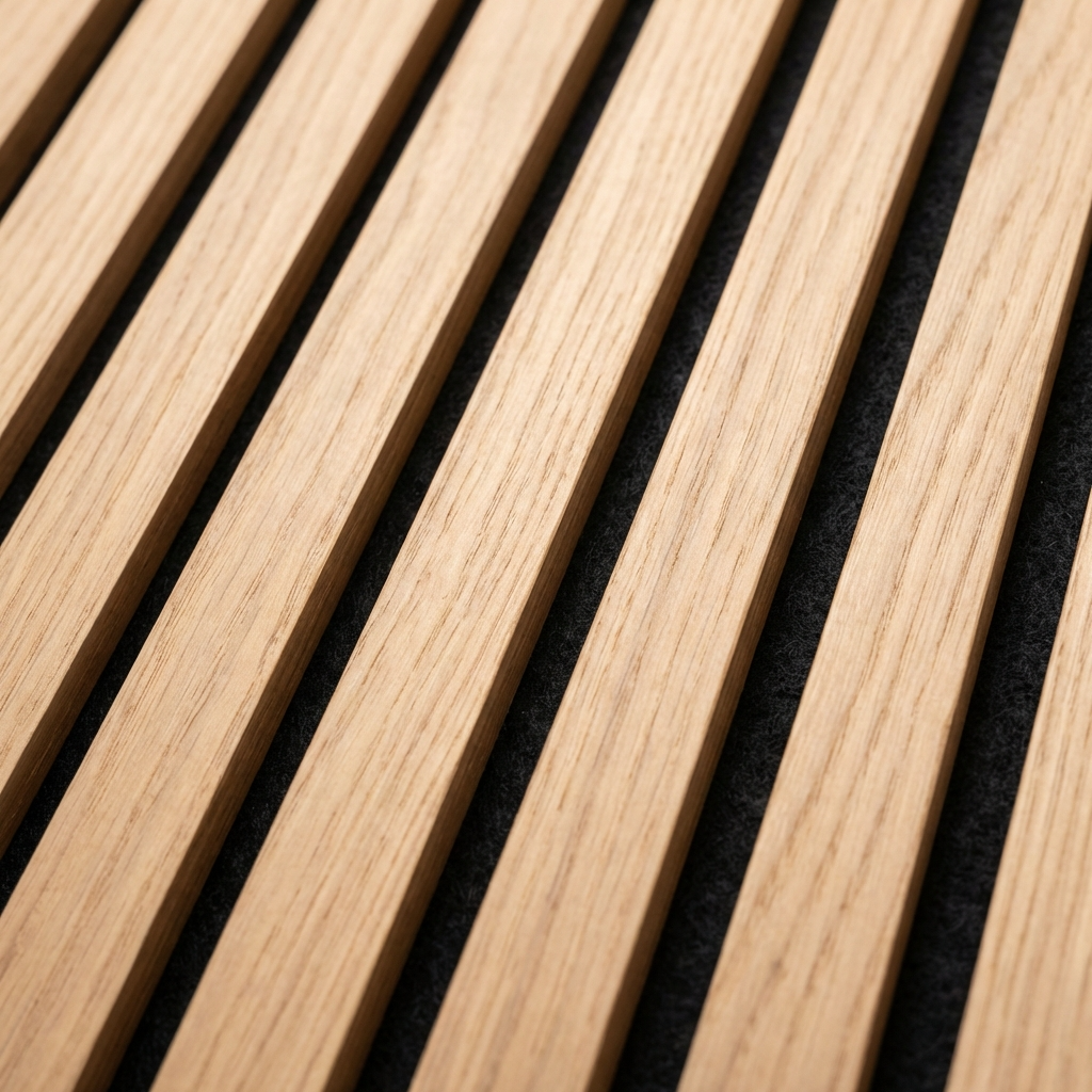 Close-up of royal oak acoustic slat wall panel with black felt backing