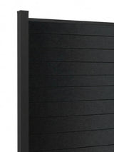 Close-up of the black aluminum privacy fence panel showing textured horizontal slats and a square post