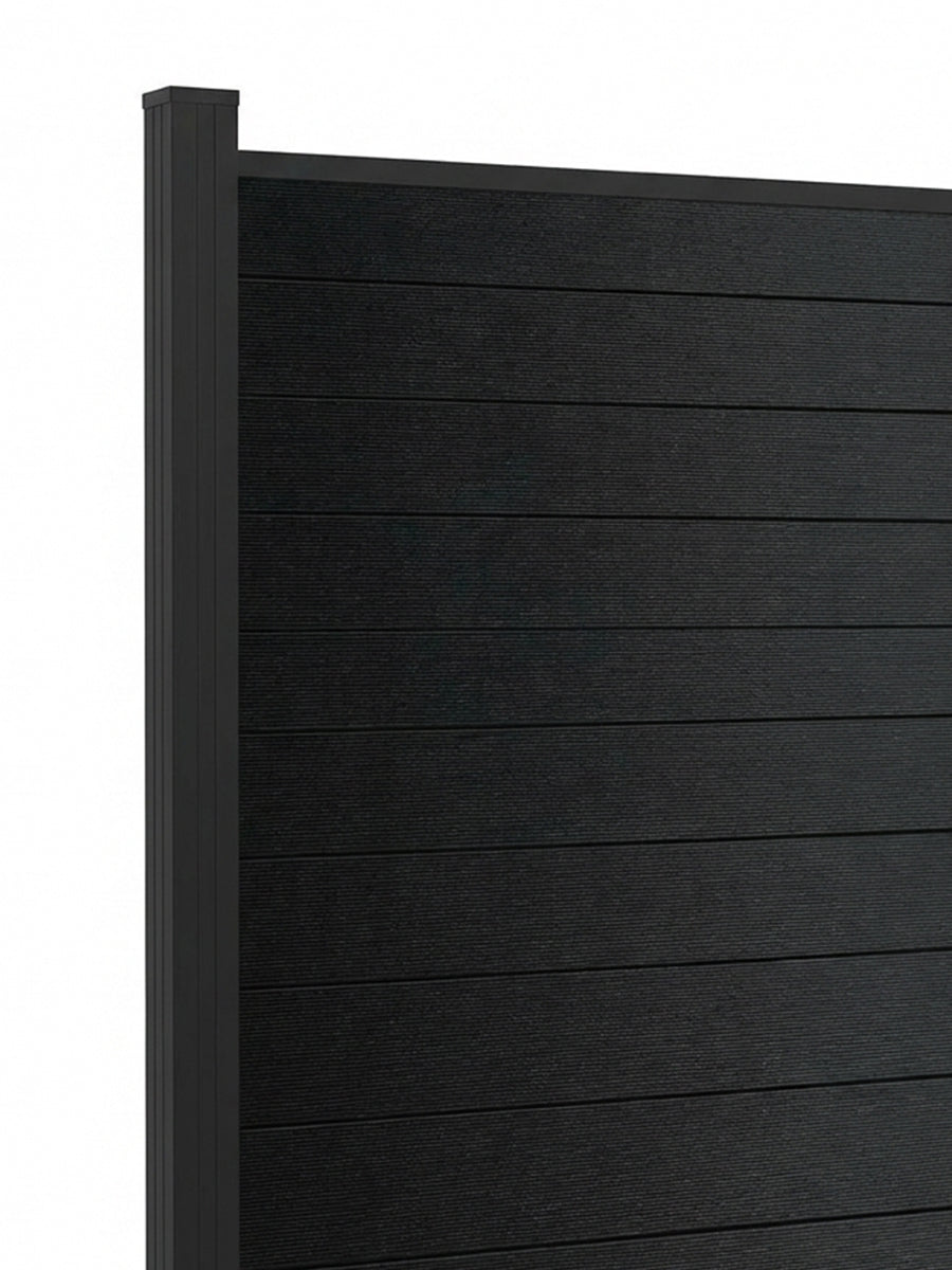 Close-up of the black aluminum privacy fence panel showing textured horizontal slats and a square post
