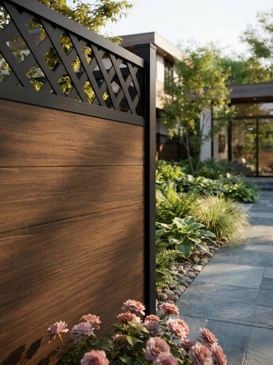 Black diamond lattice gate screen panel above a wood-look gate in a landscaped garden
