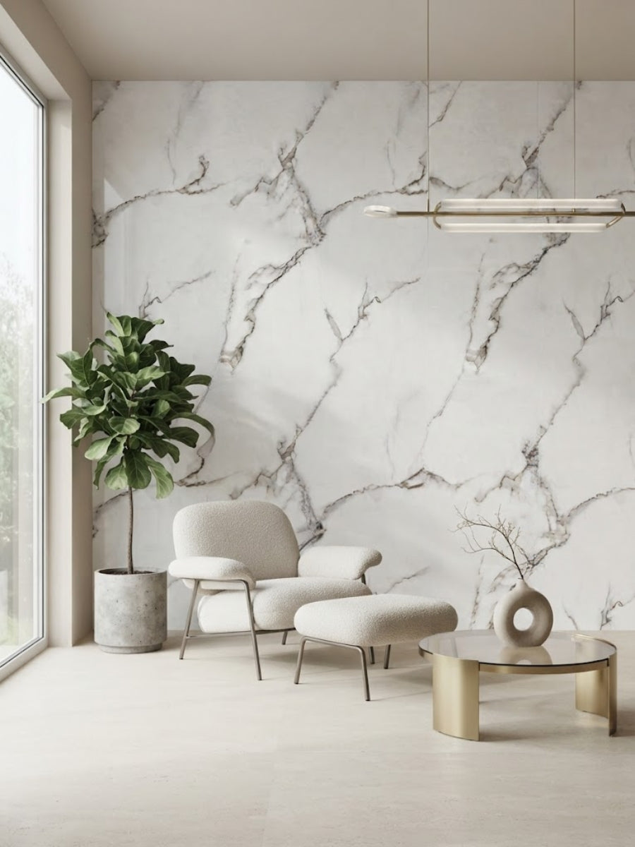 Floor-to-ceiling Calacatta White marble-look PVC accent wall behind a chair and ottoman