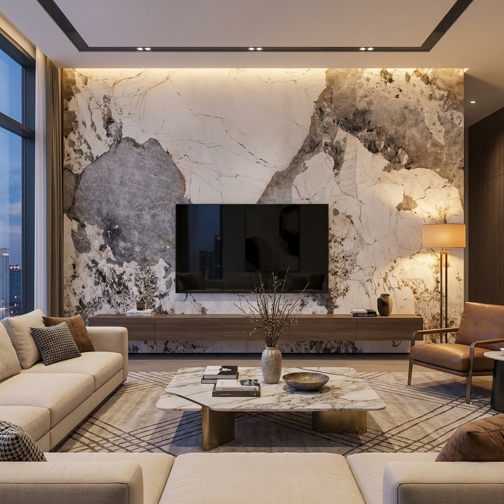 Pandora Granite Infinity Design feature wall behind a mounted TV and floating wood console