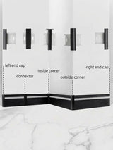LED baseboard molding accessory diagram labeling the connector, end caps, and inside and outside corner pieces