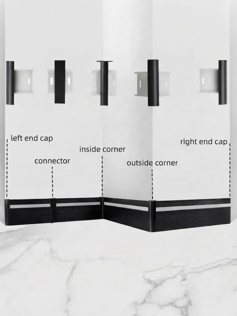 LED baseboard molding accessory diagram labeling the connector, end caps, and inside and outside corner pieces