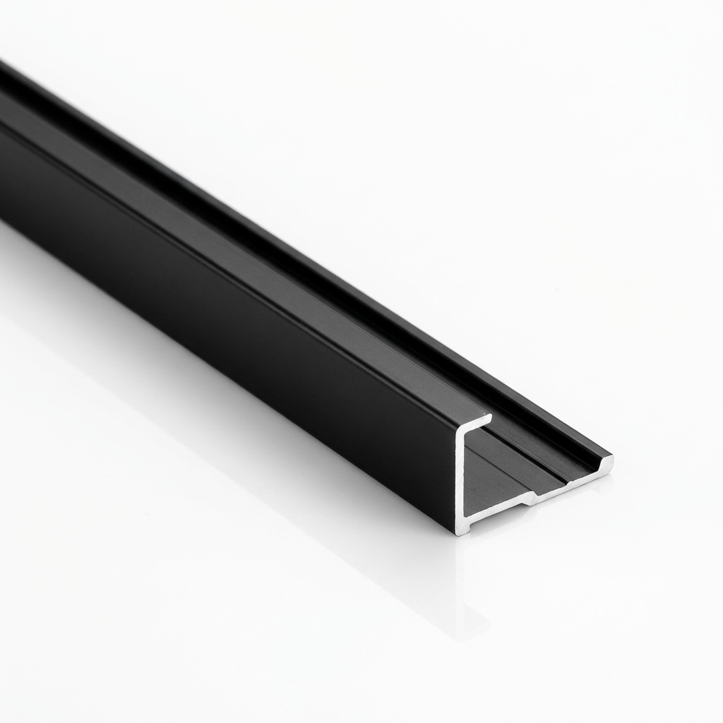 Black aluminum alloy end cap trim with exposed silver cut end and raised edge