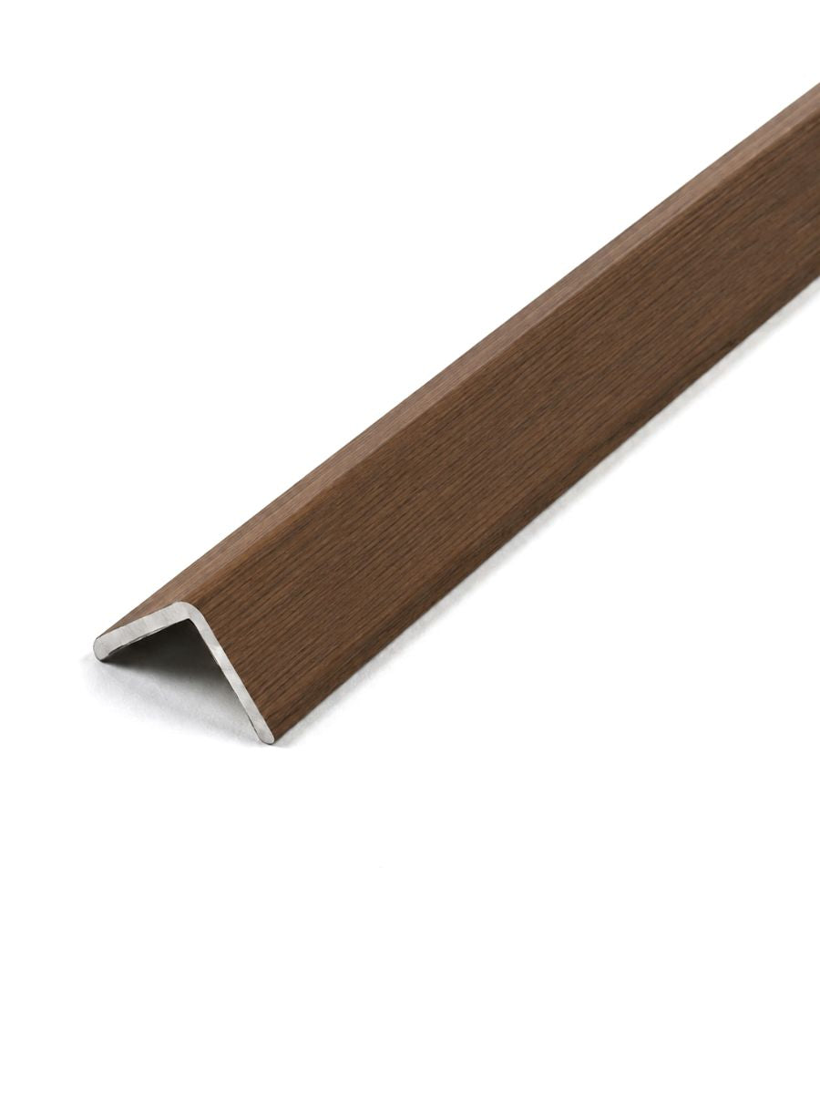 Walnut wood-grain corner trim for fluted 3D wall panel installation