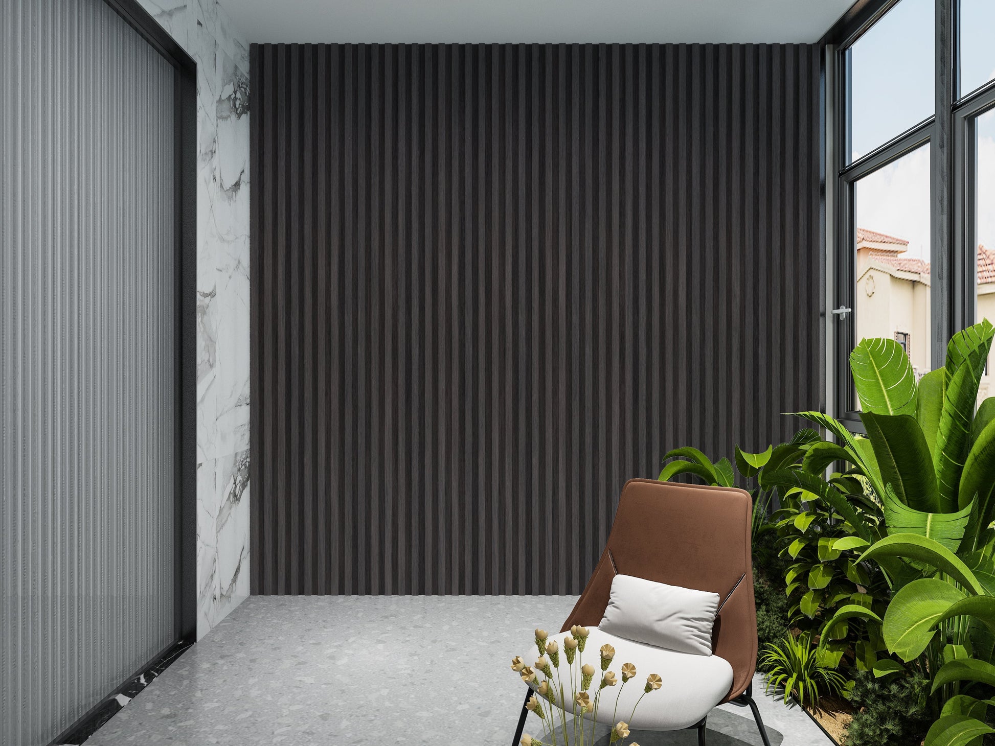 Dark Smoky Oak WPC Fluted 3D Wall Panels. Accel Distribution Inc. Balcony Design With WPC Fluted Wall Panels