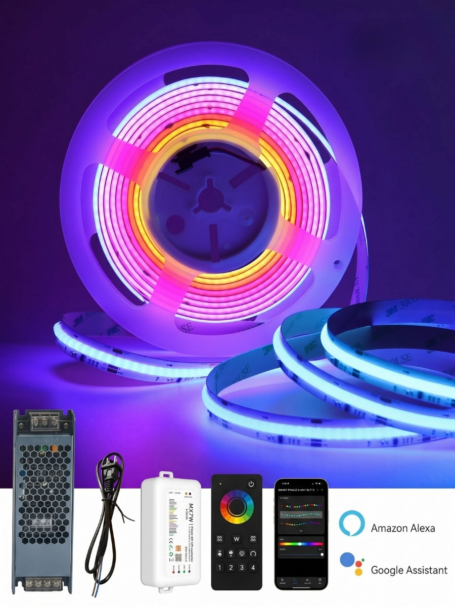 Complete RGB LED set with illuminated strip, power supply, Wi-Fi controller, remote, cord, and smartphone controls