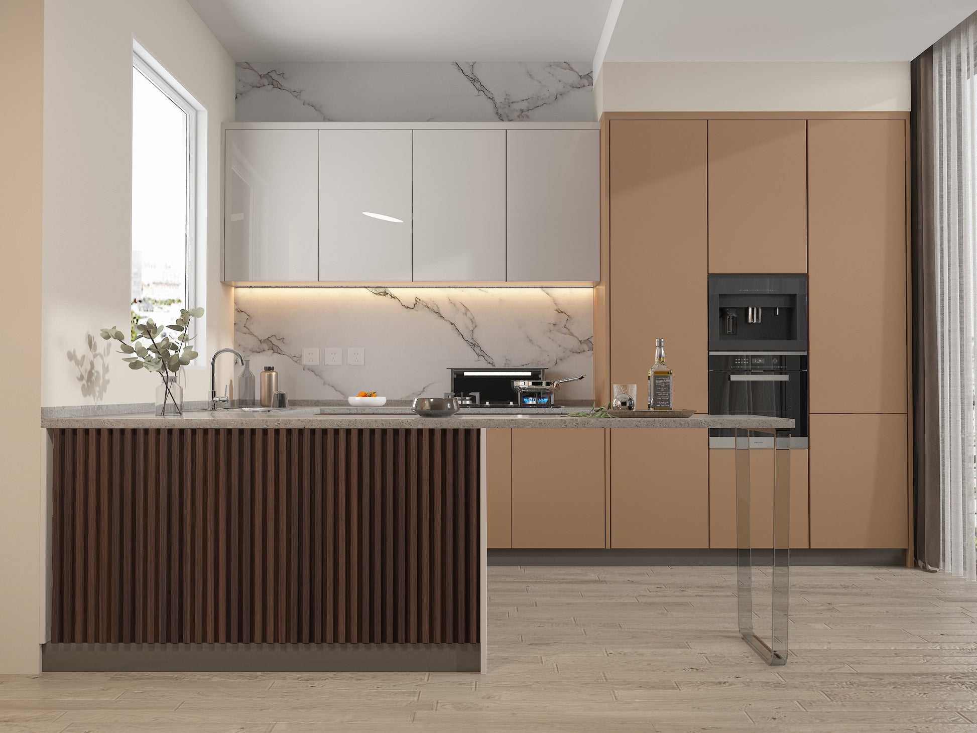 Dark Walnut WPC Fluted 3D Wall Panels. Accel Distribution Inc. Kitchen Design From WPC Fluted Wall Panels