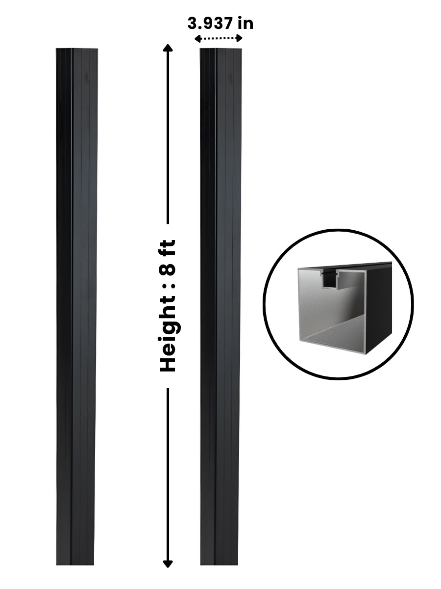 Black 4-inch 8-foot in-ground gate post with 3.937-inch width, height dimensions, and profile cross-section