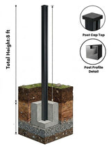 Black 8-foot in-ground gate post embedded in a concrete footing with post cap and profile details