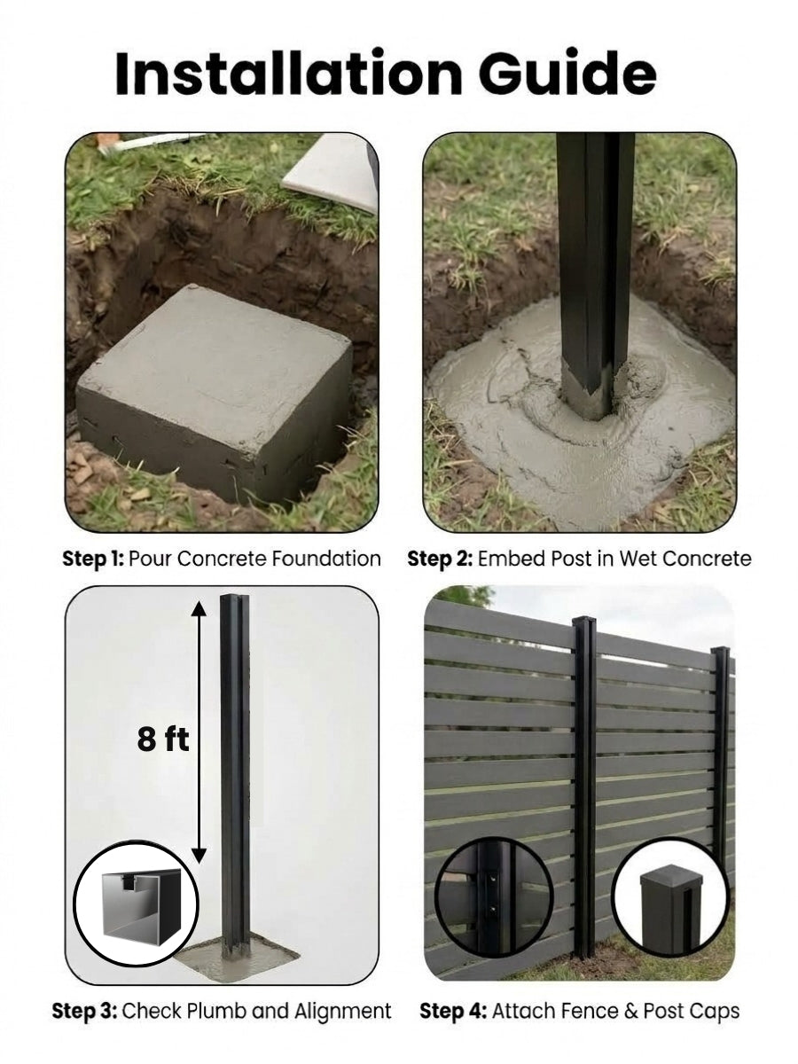 Four-step installation guide for embedding the 8-foot gate post in concrete, aligning it, and attaching panels and caps