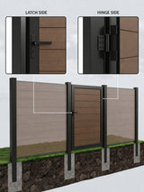 Brown composite gate and fence installed on concrete-set black posts with latch-side and hinge-side close-ups