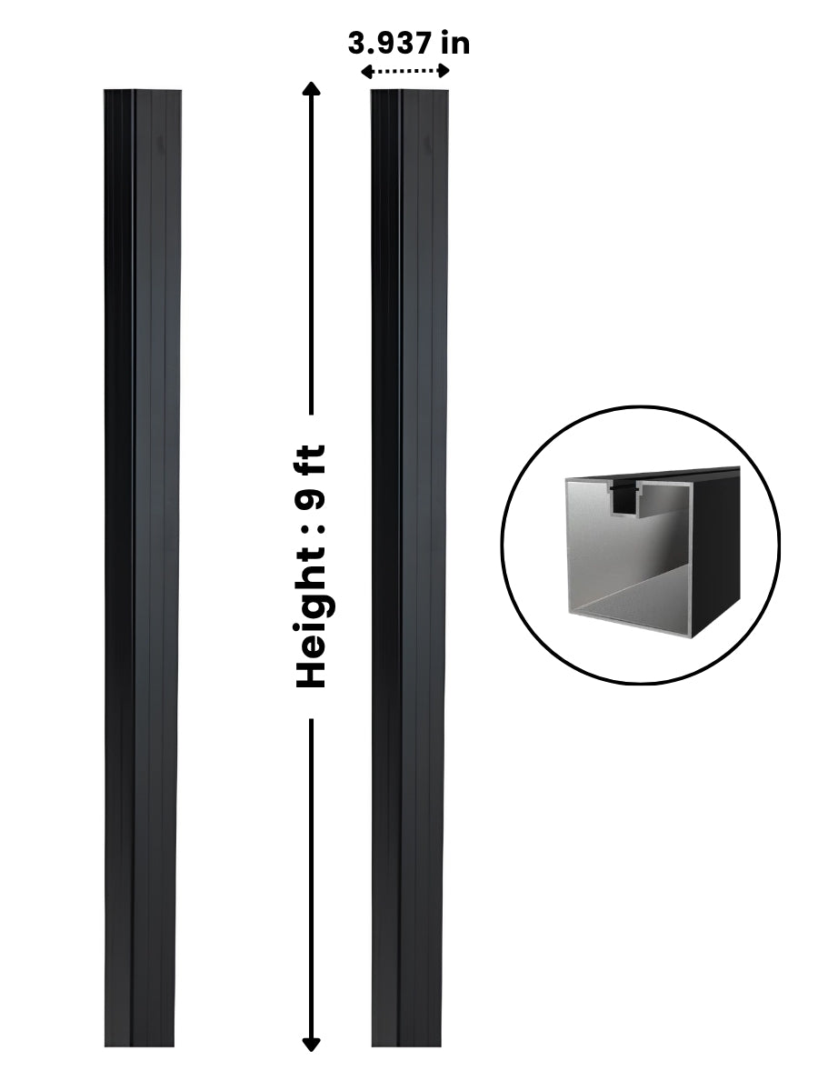Black 4-inch 9-foot in-ground gate post with 3.937-inch width and cross-section detail
