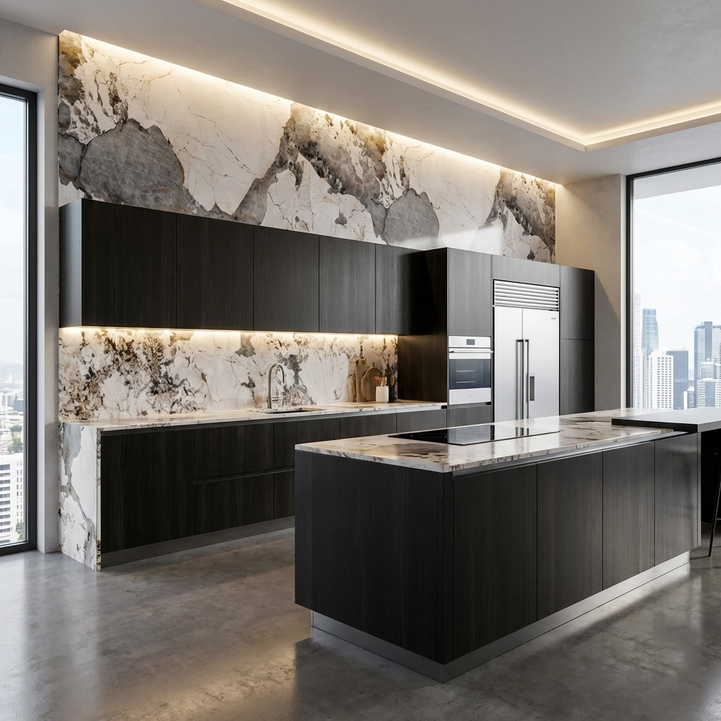Pandora Granite waterproof veneer panels used as a backsplash and upper feature wall in a black kitchen