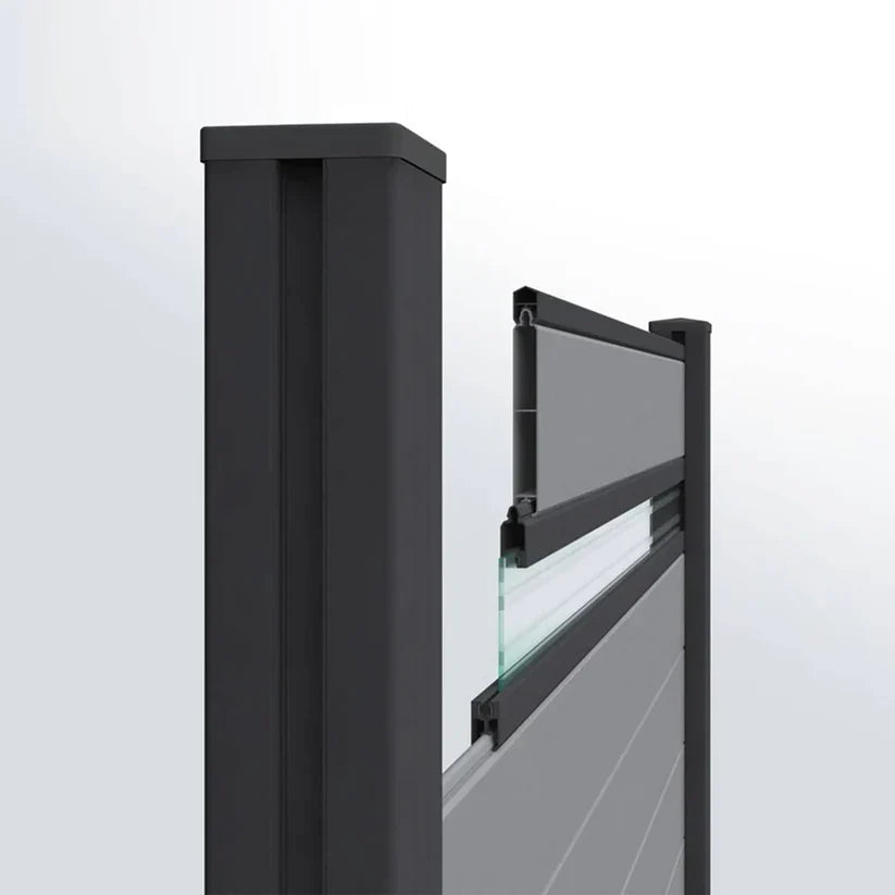 Dark gray 8 ft in-ground fence post beside a modern gray fence panel with a glass accent