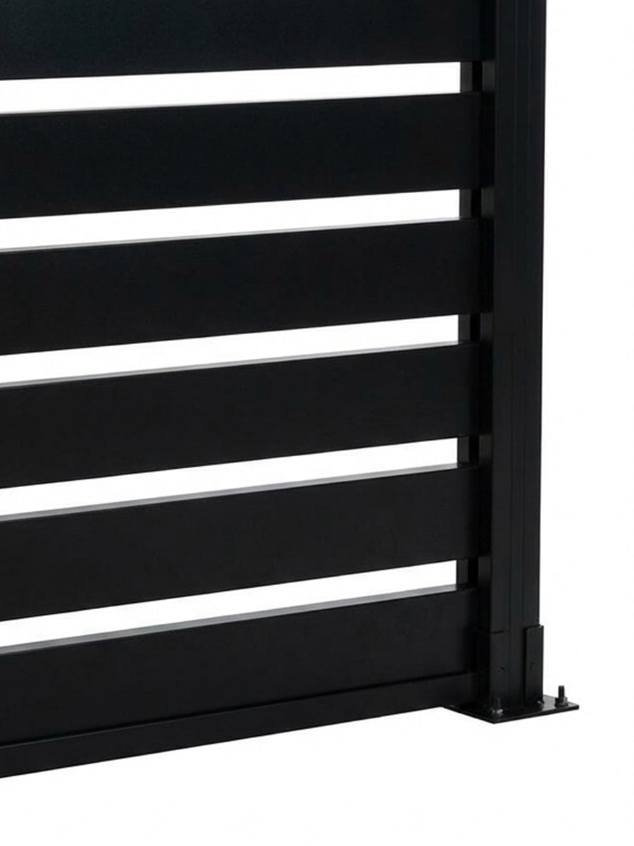 Close-up of horizontal aluminum slats, post channel, and base plate