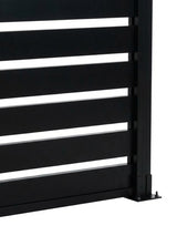 Close-up of horizontal aluminum slats, post channel, and base plate