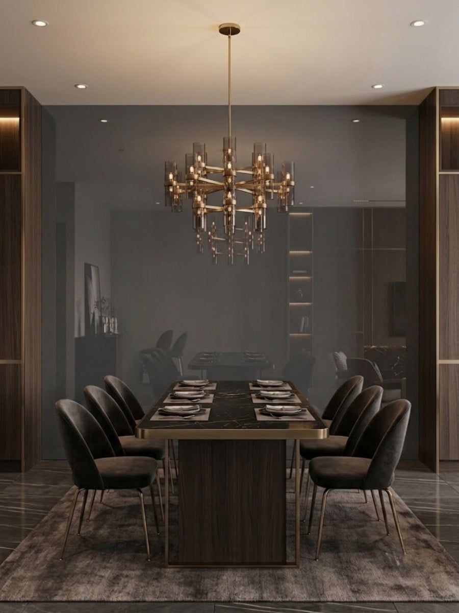 Gray mirror wood veneer panel used as a reflective feature wall behind a formal dining table
